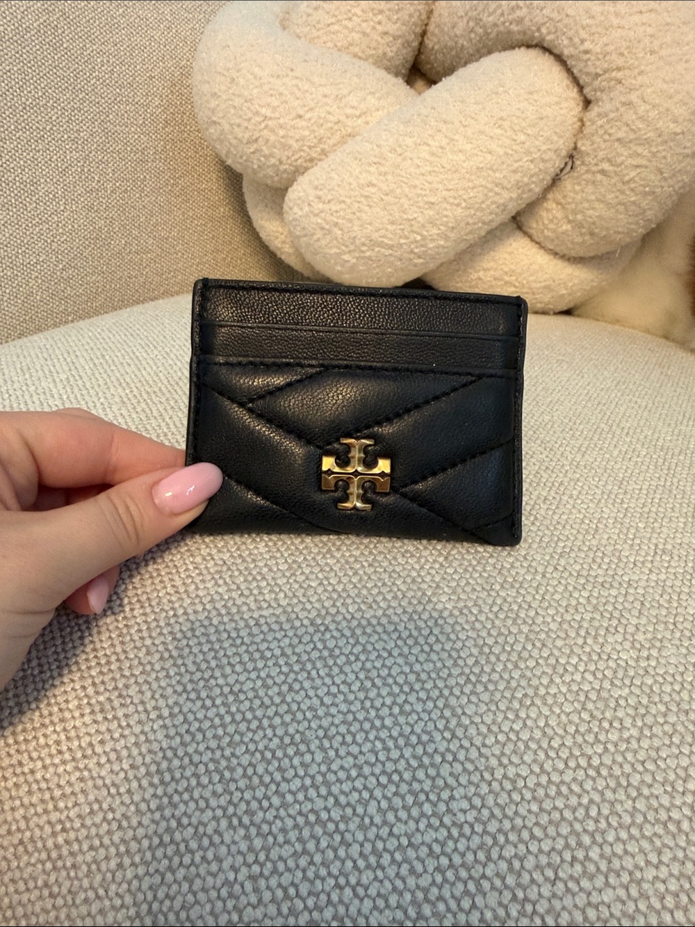 Tory Burch Black Quilted Leather Card Holder with Gold Logo